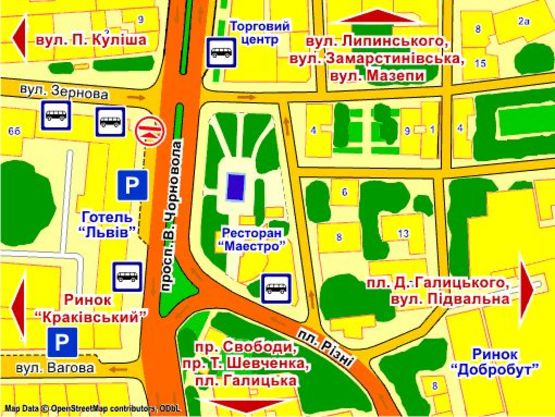 Схема рекламної площини за адресою пр. Чорновола, 7 (готель "Львів", ріг вул. Зернової)