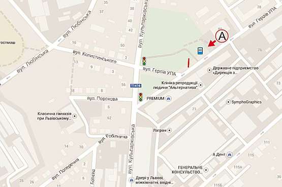 Схема рекламной плоскости по адресу Героїв УПА  80 СТ А ( салон меблів, Клуб Лерой)