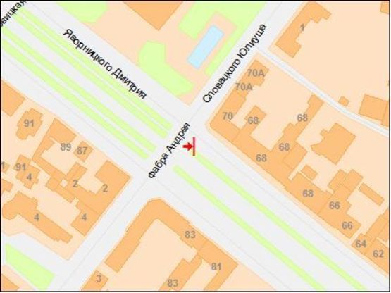 Схема рекламної площини за адресою Яворницкого пр. - Фабра ул. (в сторону Юлиуша Словацкого) Схема рекламної площини за адресою Яворницкого пр. - Фабра ул. (в сторону Юлиуша Словацкого)