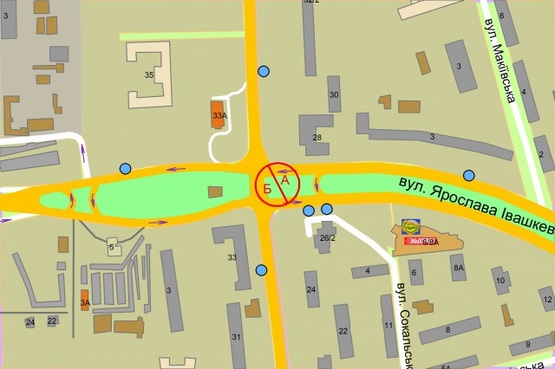 Схема рекламной плоскости по адресу вулиця Івашкевича / вулиця Вишгородська, в напрямку до вулиці Автозаводської