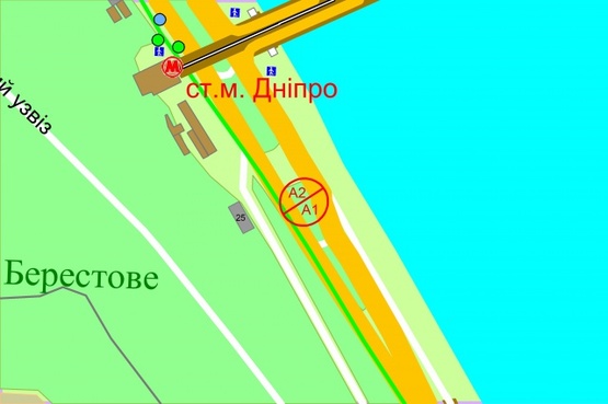 Схема рекламної площини за адресою Набережне шосе, 25 (розподілювач біля мосту Метро) за 100 метрів по ходу до мосту Метро