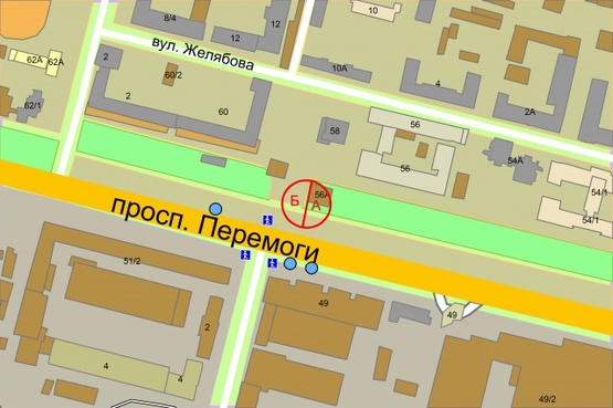 Схема рекламной плоскости по адресу Перемоги проспект, 60 / навпроти вул. Гарматна (рух до центру, ліворуч)