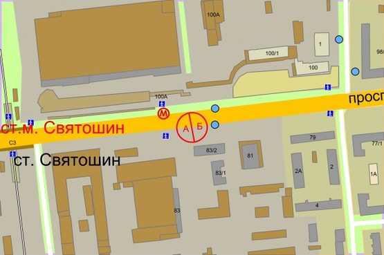 Схема рекламной плоскости по адресу Перемоги проспект, 83/2, вихід ст.М"Святошин", рух від центру міста, ліворуч