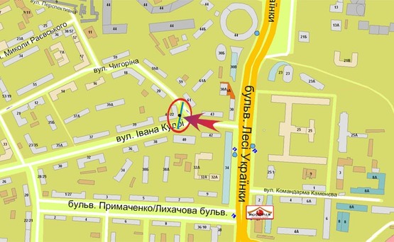 Схема рекламної площини за адресою Кудри/ЧигориНа (А3) СКРОЛЛЕР Напр.от Б-ра Л Украинки На Лыбидскую Пл