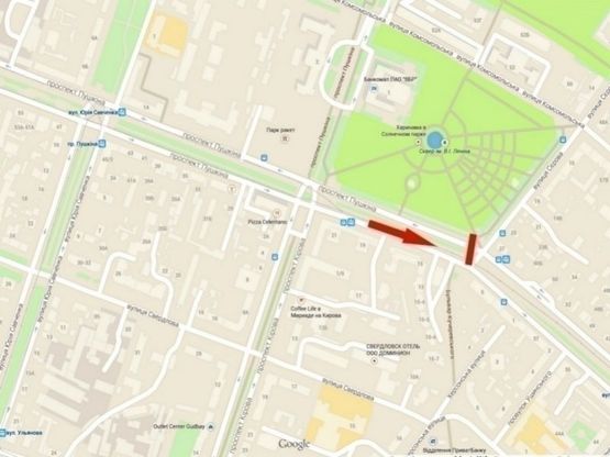 Схема рекламної площини за адресою пр-т. Пушкина - вул. Андрія Фабра, сквер Героїв, роллер 4х3/пр. Пушкина - ул. Серова, сквер Ленина, роллер 4х3 перекресток, светофор, рядом пр.Яворницкого (пр.Карла Маркса), Обладминистрация, стадион Днепр Арена