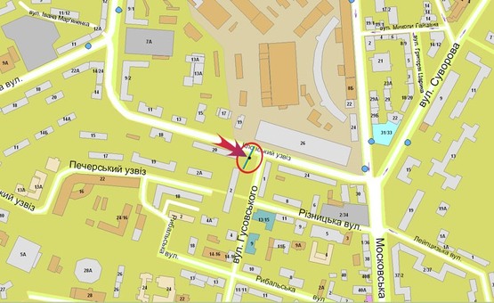 Схема рекламної площини за адресою Кловский спуск, 20 (А5) СКРОЛЛЕР/на вул.Суворова,к-тр Зоряний,б-р Л.Українки