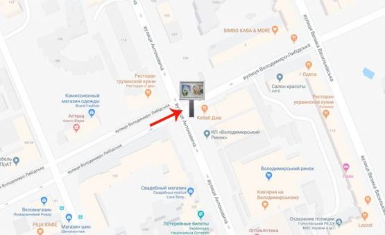 Схема рекламної площини за адресою вул.Володимира/Либідська,16/на вул.В Васильківська,вул.Є Коновальця,б-р Л.Українки (А2) СКРОЛЕР