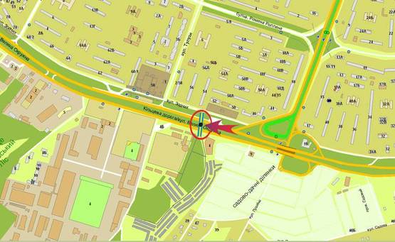 Схема рекламної площини за адресою Кільцева/ринок "Зодчих",готель-ресторан "ТИСА" (розподілювач) к пр-ту Перемоги (А1) СКРОЛЛЕР