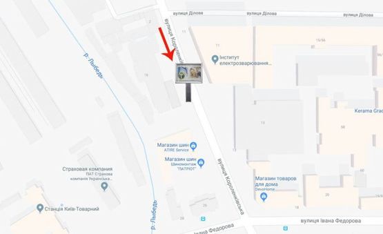 Схема рекламной плоскости по адресу вул.Короленківська,18 /інститут ім.Патона/на Федорова,Либідську пл (А1) СКРОЛЕР