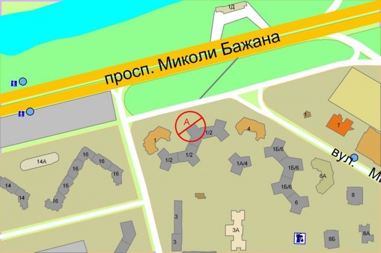 Схема рекламної площини за адресою Николая Бажана проспект / Бориса Гмыри, 1/2-въезд Схема рекламної площини за адресою Николая Бажана проспект / Бориса Гмыри, 1/2-въезд