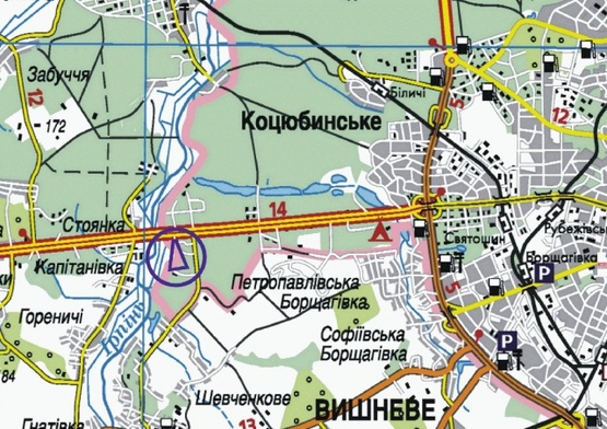 Схема рекламної площини за адресою Въезд в Киев, со стороны Житомира, возле н.п.Мрия, от котеджных городков