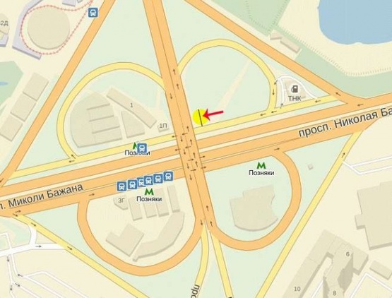 Схема рекламної площини за адресою Бажана пр-т, развязка с пр-м П.Григоренка, возле ст.м.Позняки, в сторону Южного моста