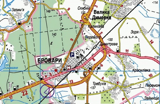 Схема рекламной плоскости по адресу Въезд в Киев, со стороны Чернигова, выезд на Бровары, за мостом, от котедж.городка Княжичи