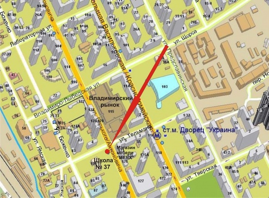 Схема рекламной плоскости по адресу Ул.Горького (Антоновича)/ул.Тельмана (Владимирский рынок к ТЦ Окееан Плаза)призма 2
