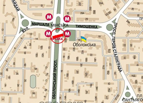 Схема рекламної площини за адресою Оболонский пр./ул. Тимошенка  (ст.м. "Минская") правый, из центра Схема рекламної площини за адресою Оболонский пр./ул. Тимошенка  (ст.м. "Минская") правый, из центра