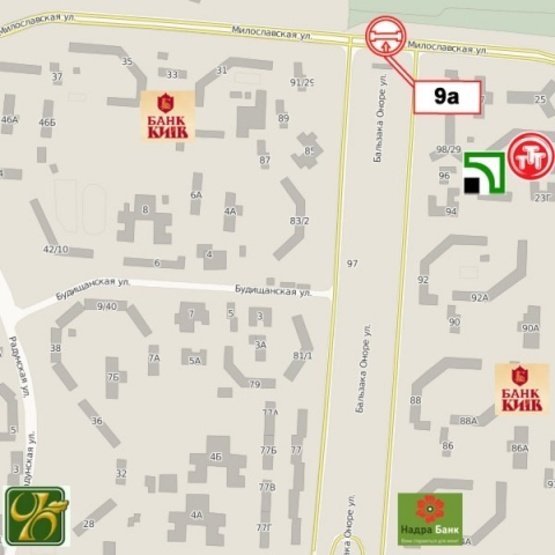 Схема рекламной плоскости по адресу Бальзака О. ул. - ул. Милославская, (ТЦ "Квадрат", АЗС "ОККО", ТРЦ "Милославский Ряд") , в направ. из города