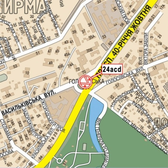 Схема рекламної площини за адресою Голосеевский просп. (40-летия Октября просп.), 70 (Голосеевская пл.), (ст. м. Голосеевская, гостиница "Мир", парк Голосеевский, направл. из города)