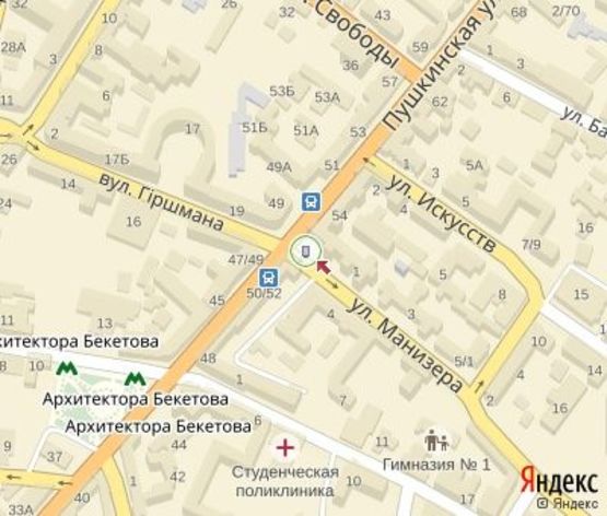 Схема рекламної площини за адресою Пушкинская ул. - Манизера ул. ЦЕНТРАЛЬНАЯ ЗОНА Схема рекламної площини за адресою Пушкинская ул. - Манизера ул. ЦЕНТРАЛЬНАЯ ЗОНА