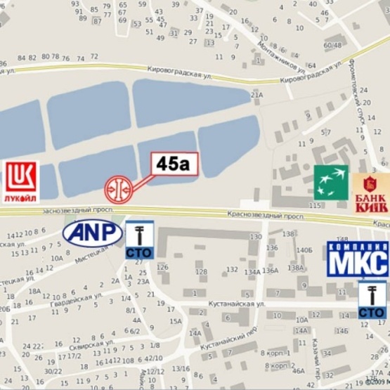 Схема рекламної площини за адресою Лобановского Валерия просп. (Краснозвездный просп.) (300м до ул. Кировоградская), АЗС "WOG", Совские пруды, ресторан "Нарния", направ. Севастопольской пл.