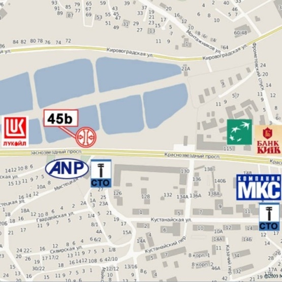 Схема рекламної площини за адресою Лобановского Валерия просп. (Краснозвездный просп.) (300м до ул. Кировоградская), АЗС "WOG", Совские пруды, ресторан "Нарния", направ. Московской пл.