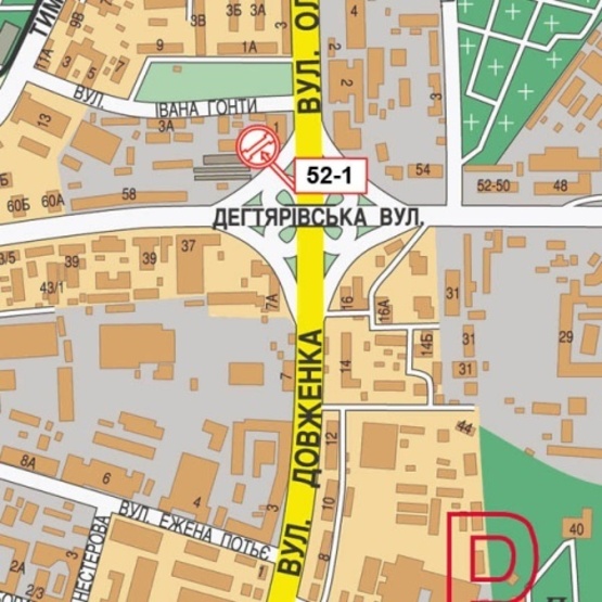 Схема рекламної площини за адресою Телиги Е. ул., 1 - ул. Дегтяревская, (ООО"Стикс-оил", автосалон "АвтоКом" Hyundai, Клуб "Ника"), в направ. Московского прос