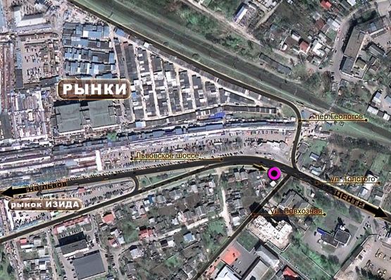 Схема рекламної площини за адресою Львівське шосе (поворот на пожарку). неподалік: ринки (більше 60Га торгових площ) (в центр) Схема рекламної площини за адресою Львівське шосе (поворот на пожарку). неподалік: ринки (більше 60Га торгових площ) (в центр)