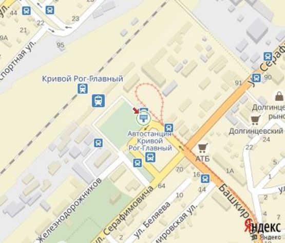 Схема рекламной плоскости по адресу Железнодорожников ул., 17 - Башкирская ул., (Ж-Д Вокзал ст. "Кривой Рог - Главная", конечная  МТС)