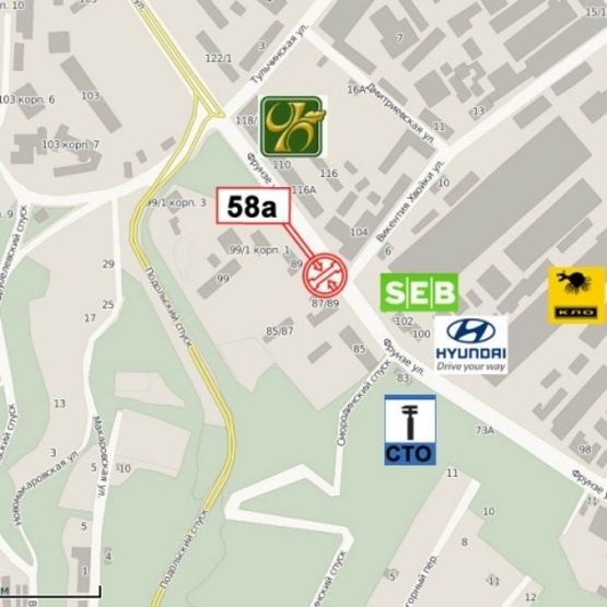 Схема рекламної площини за адресою Кирилловская ул. (Фрунзе ул.) - ул. Хвойки  В., (ОщадБанк, Библиотека им. О.Копиленка, стадион "Спартак", СШ№114), направ. Нижний Вал ул.