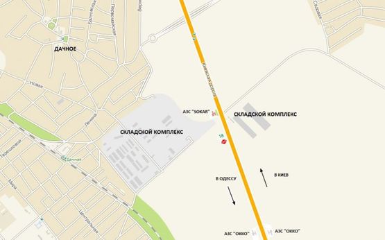 Схема рекламної площини за адресою Одесса-Киев.За Клеверным мостом из Одессы (453 + 160), в Киев, к Алтестово, складской комплекс