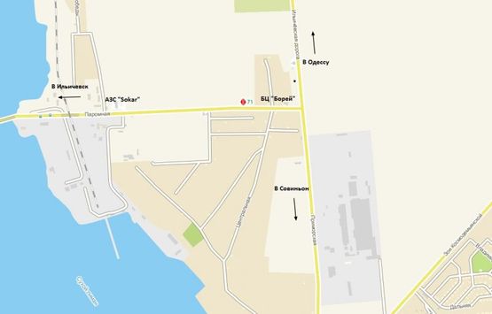 Схема рекламної площини за адресою Черноморск-Одесса.В Одессу, от Паромной переправы, с Сухого Лимана к АЗС "Sokar", БЦ "Борей"