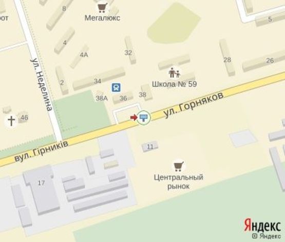 Схема рекламной плоскости по адресу Горняков ул., 38, мкр. Ингулец, (автовокзал, рынок, пиццерия "Челентано")