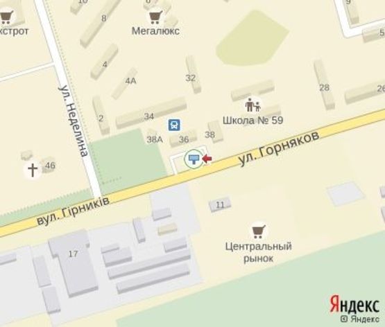 Схема рекламной плоскости по адресу Горняков ул., 38, мкр. Ингулец, (Автостиль, пиццерия "Челентано", автовокзал)