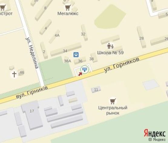 Схема рекламной плоскости по адресу Горняков ул., 38, мкр. Ингулец, (АвтоСтиль, пиццерия "Челентано"), выезд из Автовокзала