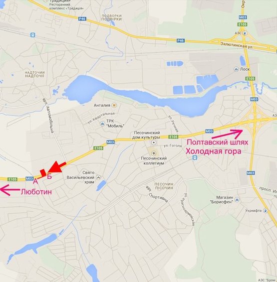 Схема рекламной плоскости по адресу Эстакада3-пос.Песочин-выезд из города в ст.трассы Киев-Харьков-Довжанский