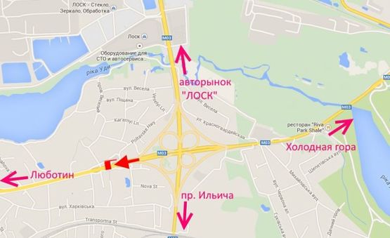 Схема рекламної площини за адресою Полтавский шлях- пост ГАИ-возле шиномонтажа, из центра