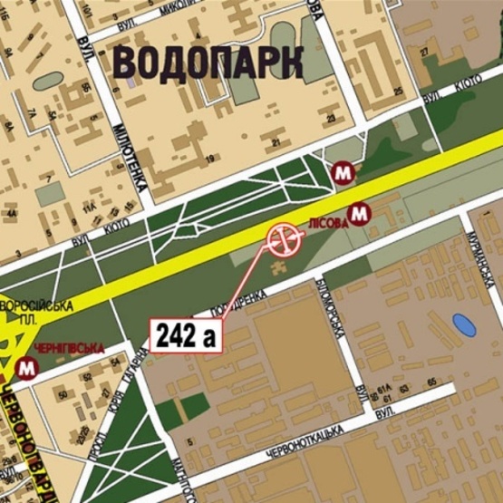 Схема рекламної площини за адресою Броварской просп., ст. м.  Лесная (супер-маркет "МегаМаркет", парк Киото, выезд из города)