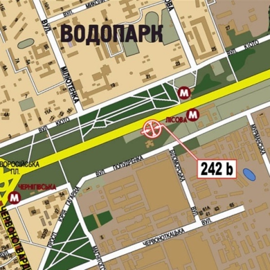 Схема рекламної площини за адресою Броварской просп., ст. м.  Лесная (супер-маркет "МегаМаркет", парк Киото, в направлении центра города)