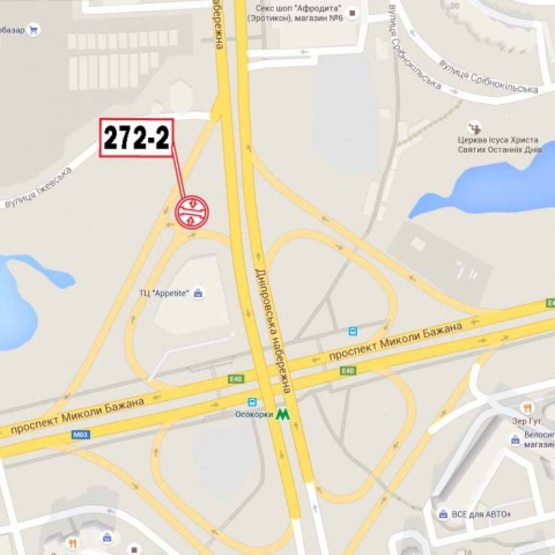 Схема рекламної площини за адресою Днепровская набережная, съезд к Бажана Н. просп., ст. м.  Осокорки (на разделителе), ТЦ "Аркадия", "KFC", Евробазар