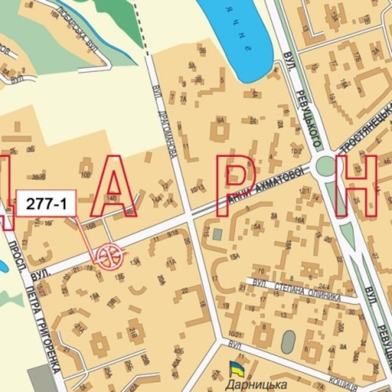 Схема рекламной плоскости по адресу Ахматовой ул., 15 (ПриватБанк, Торговый комплекс) напросп. к Харьковскому шоссе