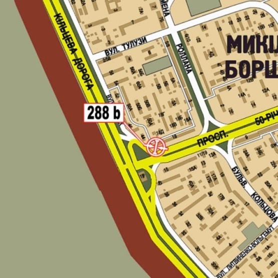 Схема рекламної площини за адресою Курбаса Леся просп. - Кольцевая дорога (конечная трамвая №3, ПравексБанк, ОщадБанк, в направ. Ул. В.Гетьмана)