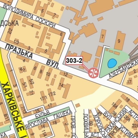 Схема рекламної площини за адресою Пражская ул., 12 (Парихмахеркая "Марафет",  АЗС "ОККО"), направ. из города Схема рекламної площини за адресою Пражская ул., 12 (Парихмахеркая "Марафет",  АЗС "ОККО"), направ. из города