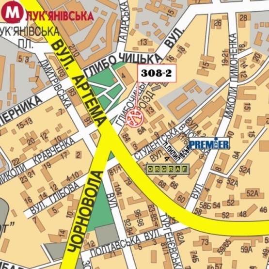 Схема рекламної площини за адресою Глубочицкий проезд -ул.Артема, (Высший Совет Юстиций, БЦ "Артем", "Киевская Русь", Райффайзен Банк Аваль) по направлению на ул. Артема