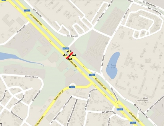 Схема рекламної площини за адресою ул. Б.Окружная /(ав-н Lexus) - поворот на Вишневое - напр. на пр.Победы (левый)