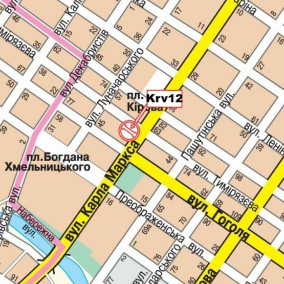 Схема рекламной плоскости по адресу Большая Перспективная, 44 - Тараса Кирпы ул. (ул.Тимирязева), 66 (настенная верхняя), (Площадь Кирова, серв.центр "Life", БЦ "Барва", Городской совет, "Поварешка"), в направл. ул. Преображенской