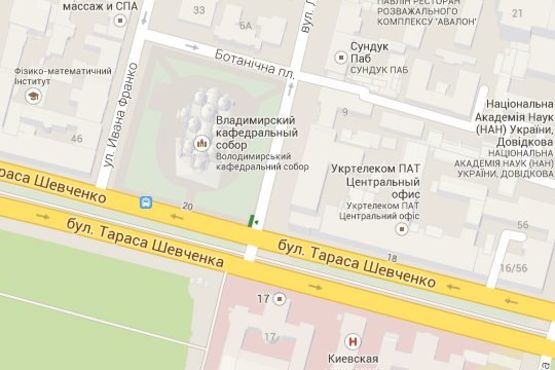 Схема рекламної площини за адресою Тараса Шевченка бульв., 20 - Леонтовича вул., : Володимирський собор (№1 в бік пл.Перемоги) Схема рекламної площини за адресою Тараса Шевченка бульв., 20 - Леонтовича вул., : Володимирський собор (№1 в бік пл.Перемоги)