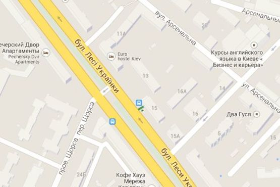 Схема рекламной плоскости по адресу Лесі Українки бульв., 15 - Коновальця Євгена вул. (Щорса вул.), ;_зупинка громадського транспорту