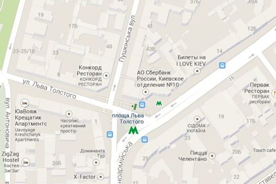 Схема рекламної площини за адресою Толстого Льва пл., 2 - Пушкінська вул., ("Сбербанк Росії") (правору) №1 - зупинка громадського транспорту