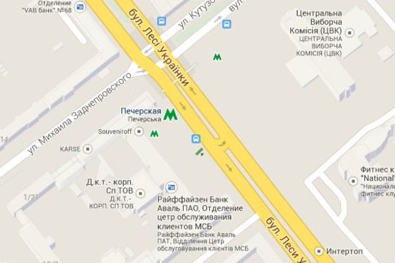 Схема рекламной плоскости по адресу Лесі Українки бульв., 26 площа навпроти ЦВК України, ліворуч -зупинка громадського транспорту