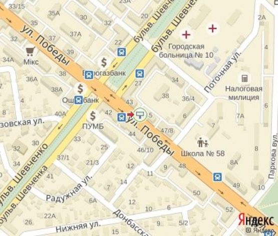 Схема рекламной плоскости по адресу Победы ул.-Шевченко бул.,43 ЦЕНТРАЛЬНАЯ ЗОНА. (200 м к "Укрсиббанк")