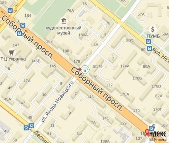 Схема рекламной плоскости по адресу Новицкого ул.,5 - Соборный пр. ЦЕНТРАЛЬНАЯ ЗОНА.("Райффайзен Банк Аваль",200 до "Альфа Банк" и "Vodafon")